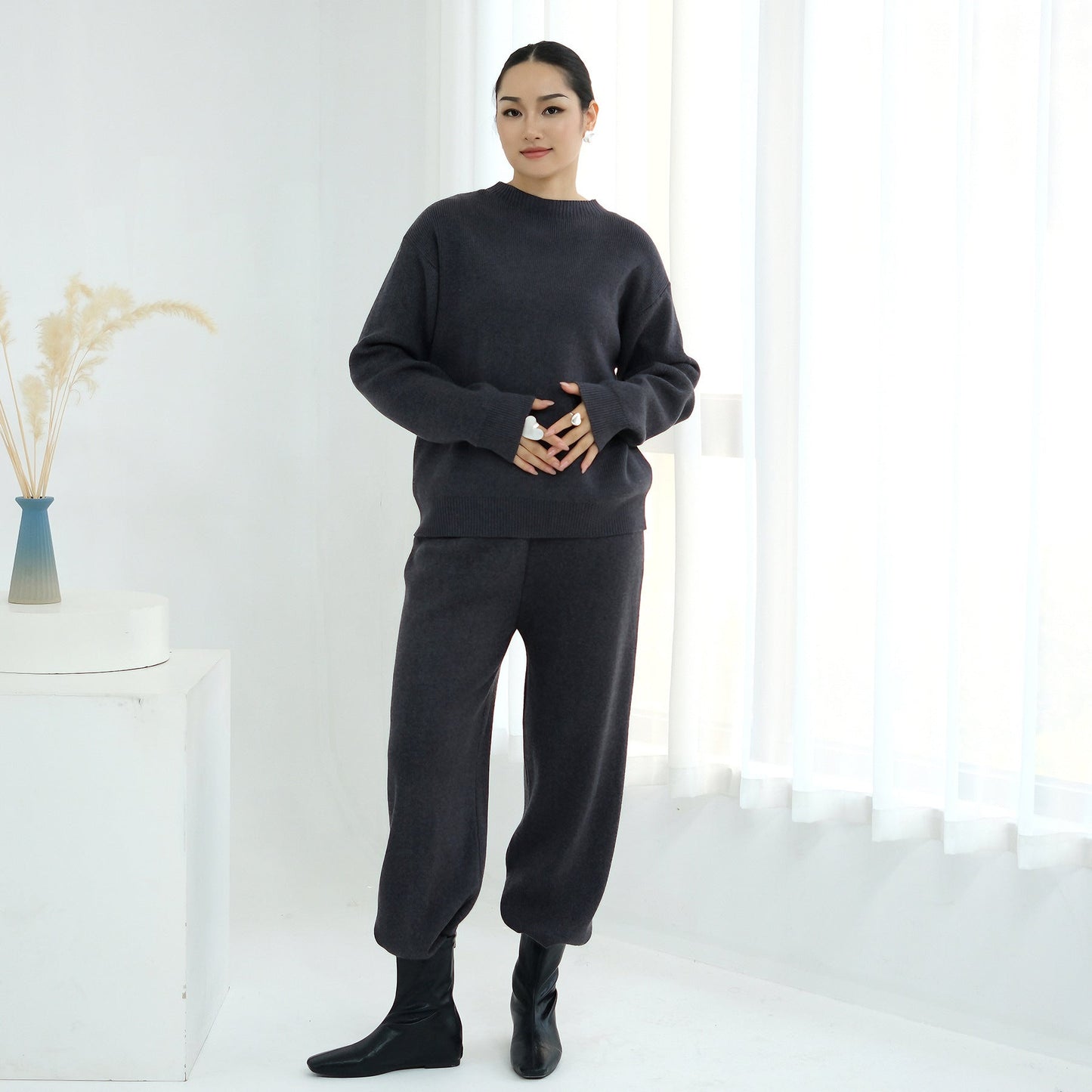 HA6595 Autumn and Winter Thickened Knitted Suit (Not Including Headscarf) | Simple Solid Color Two-Piece Suit