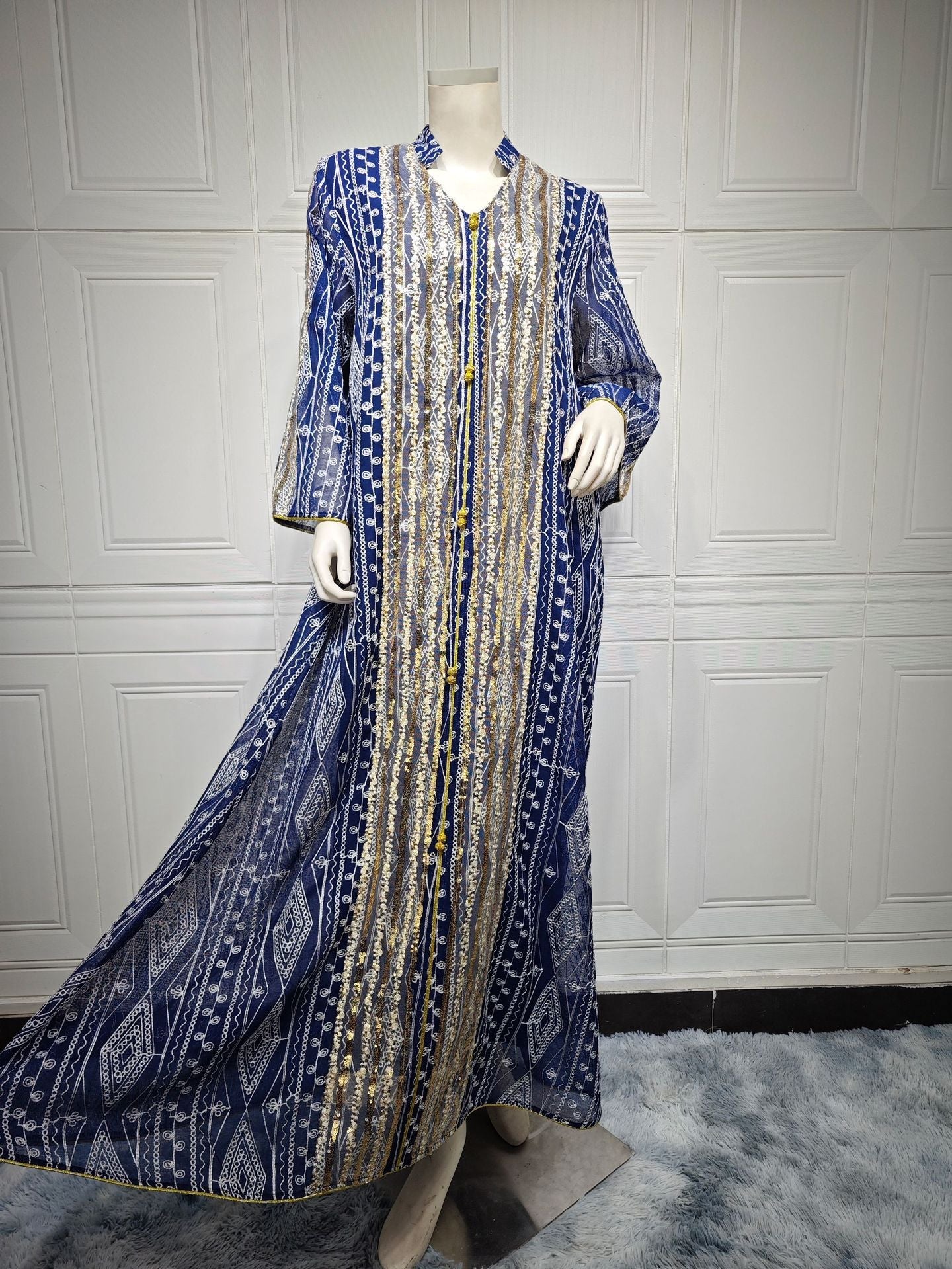 HA6662 Mesh embroidery sequin patchwork long-sleeved dress, loose robe style