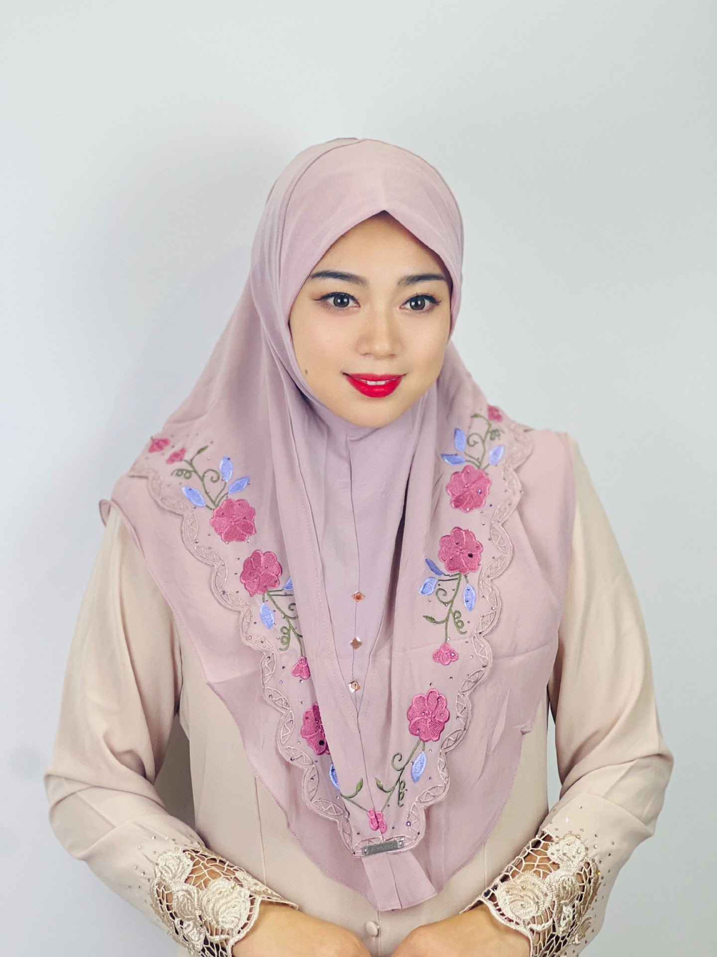 HAYA HA1105 Double Layered Floral Embroidered Lace Headscarf for Women