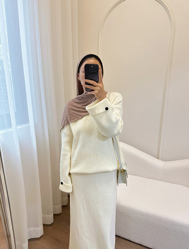 HA6597 Autumn and winter thickened knitted suit solid color two-piece suit (excluding headscarf) top + skirt