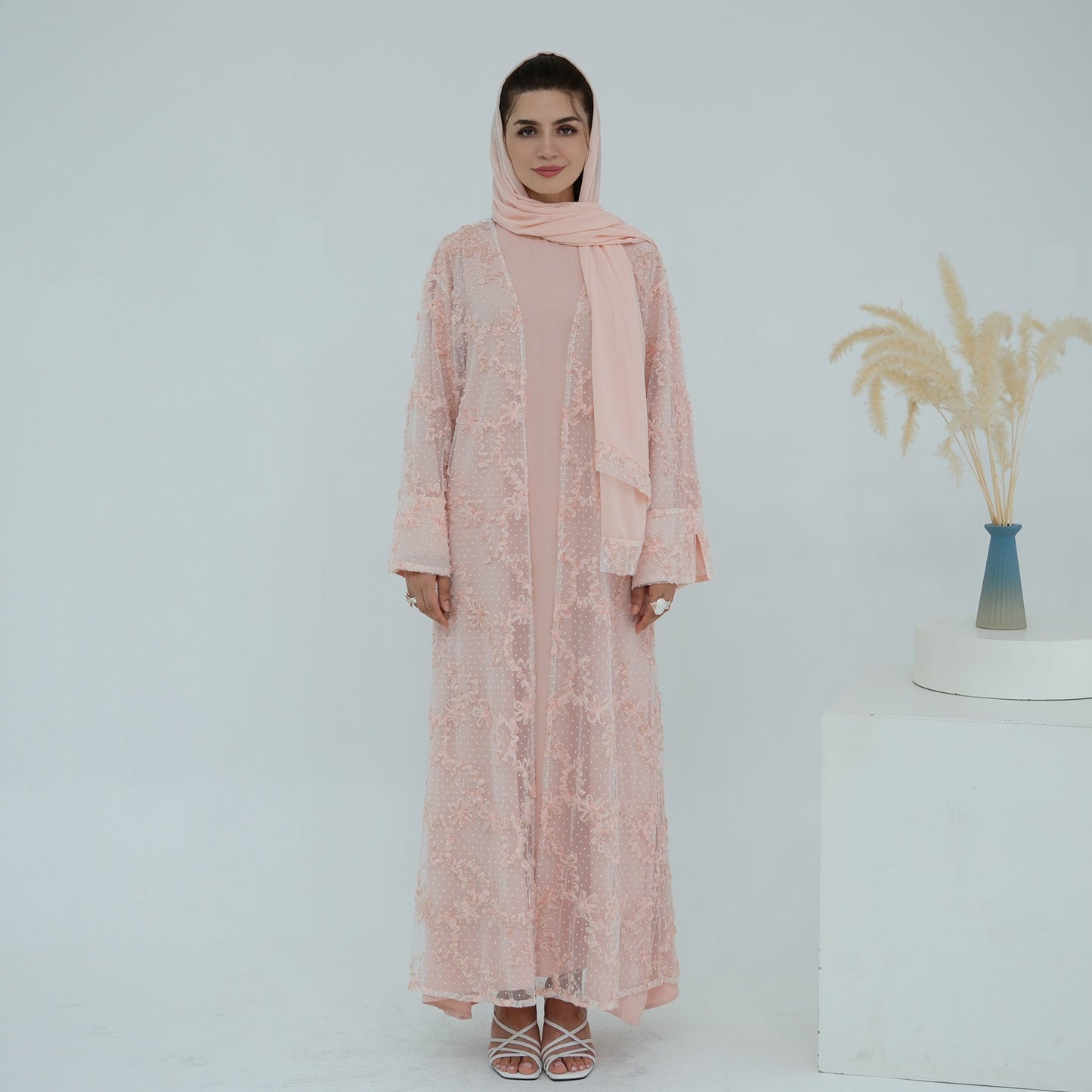 HA6622 3D flower mesh cardigan (optional headscarf and inner layer)
