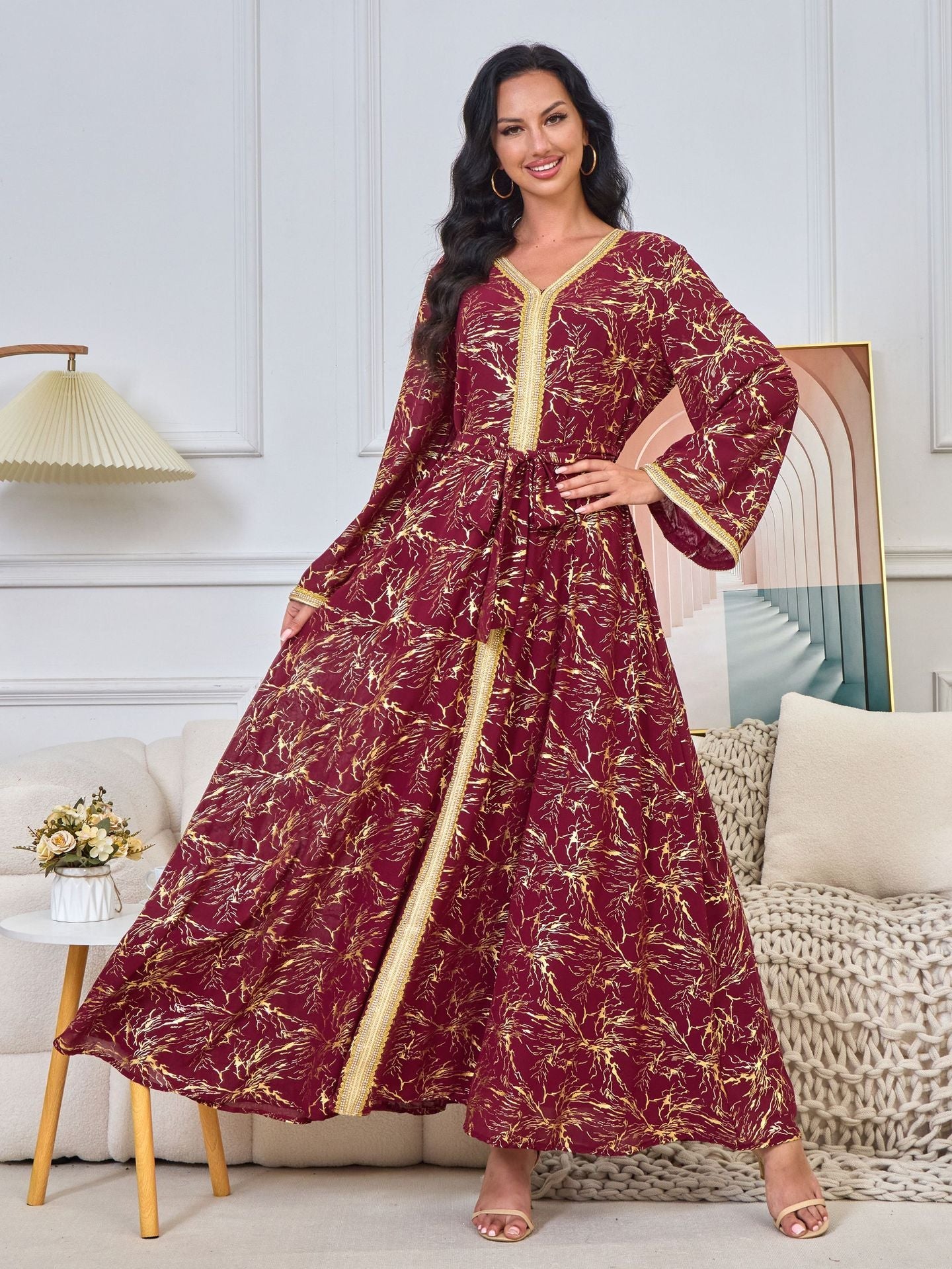 HS6731 V-neck gold-embroidered robe maxi dress