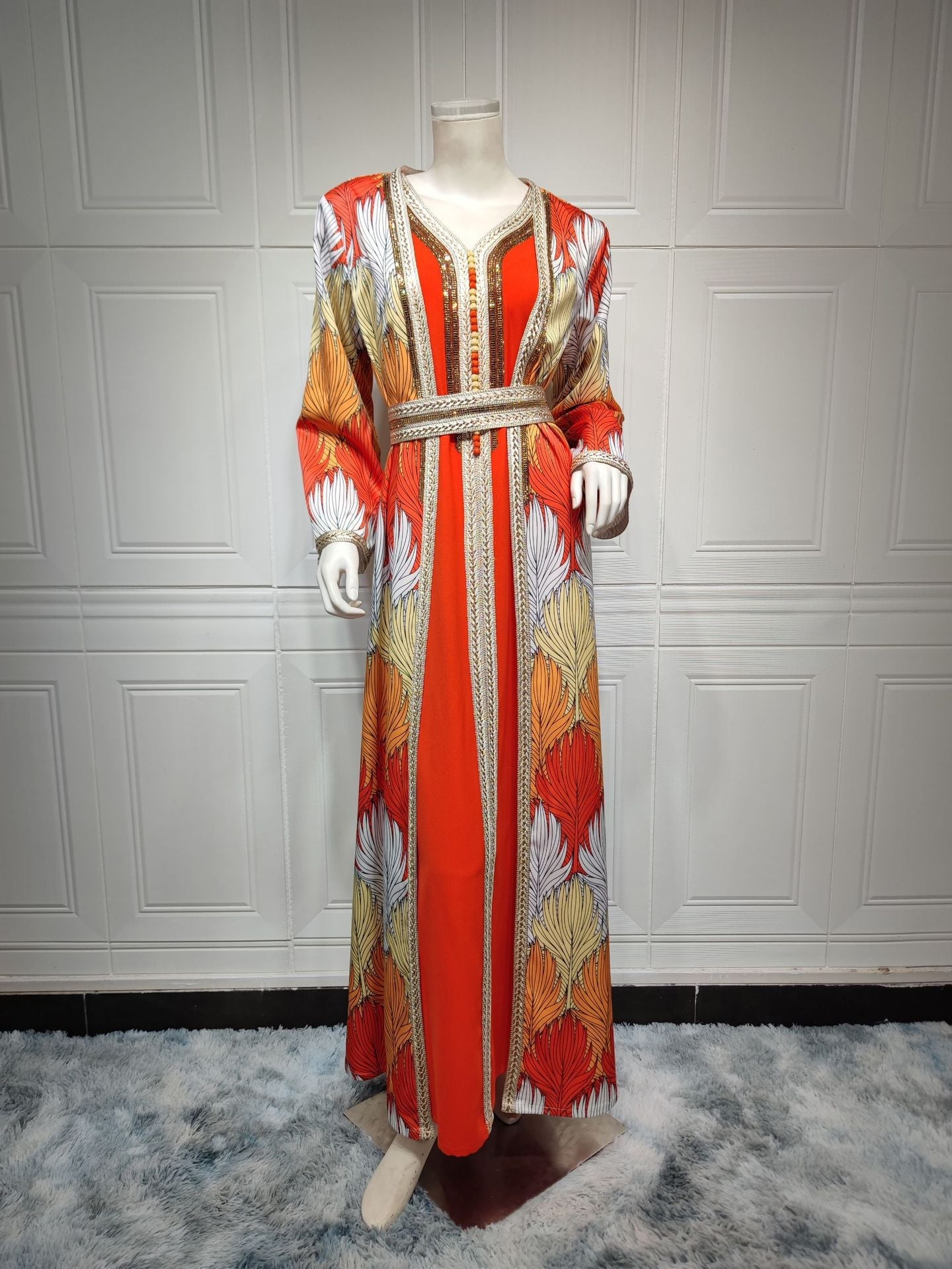 HA6646 Long-sleeved woven ribbon rhinestone print robe set with exquisite rhinestone design.