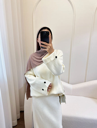HA6597 Autumn and winter thickened knitted suit solid color two-piece suit (excluding headscarf) top + skirt
