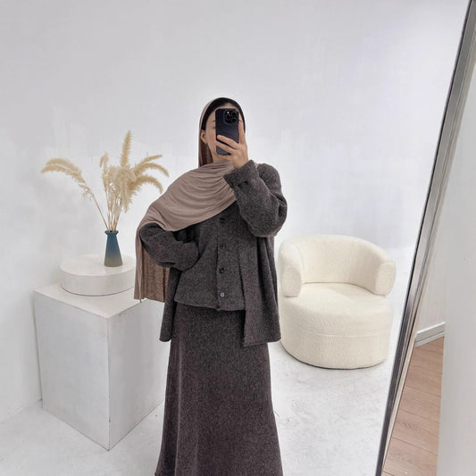 HA6596 Autumn and winter thickened knitted three-piece suit (excluding headscarf) vest + cardigan + skirt