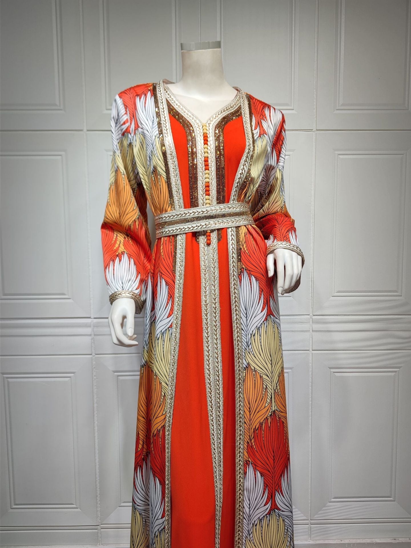 HA6646 Long-sleeved woven ribbon rhinestone print robe set with exquisite rhinestone design.