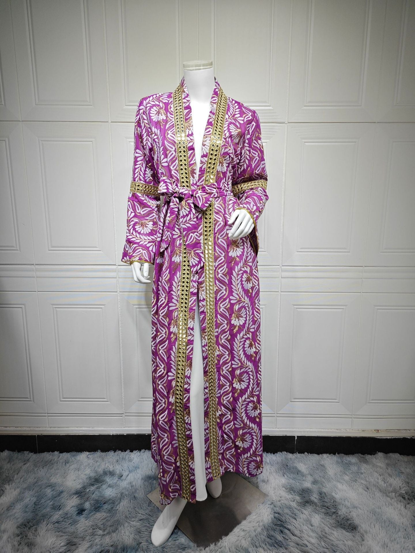 HA6664 Waist-cinching belted long dress set with lightweight printed jacket