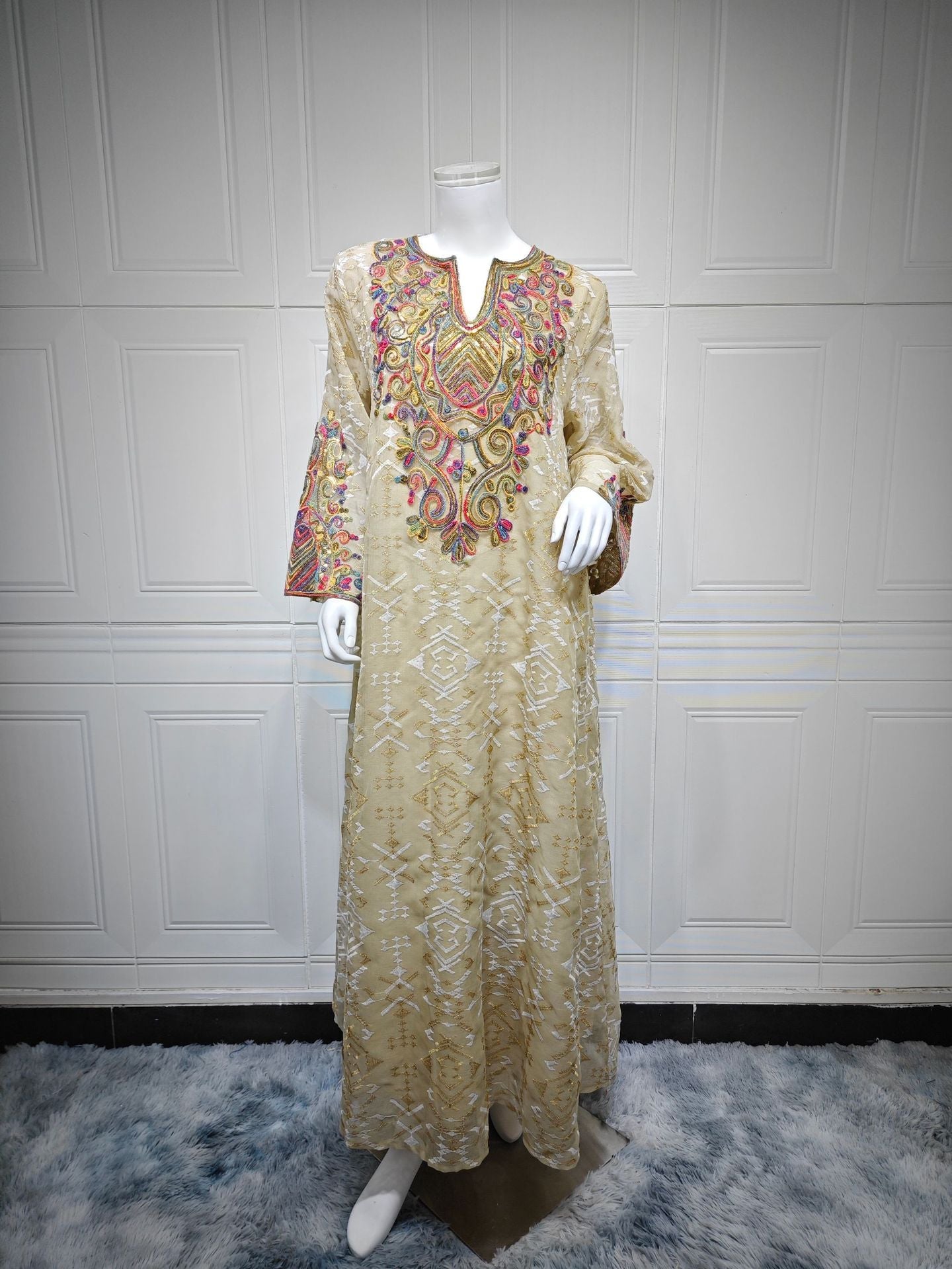 HA6663 Mesh Embroidery Patchwork Long-sleeved Dress, Robe-style Loose Fit