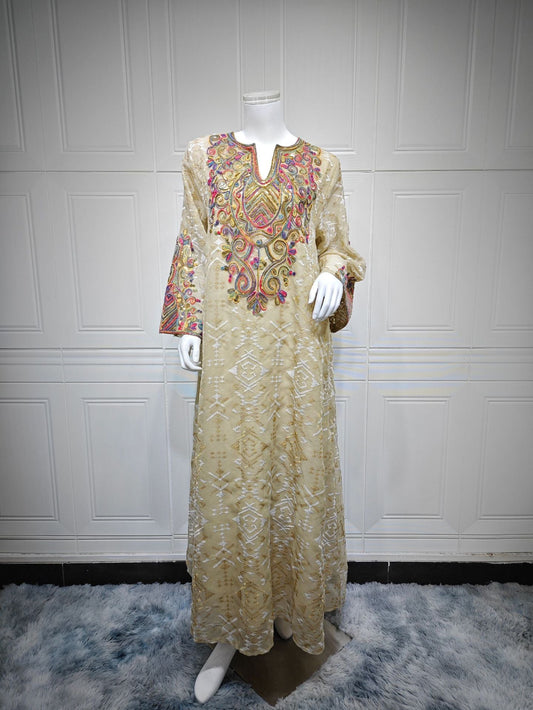 HA6663 Mesh Embroidery Patchwork Long-sleeved Dress, Robe-style Loose Fit