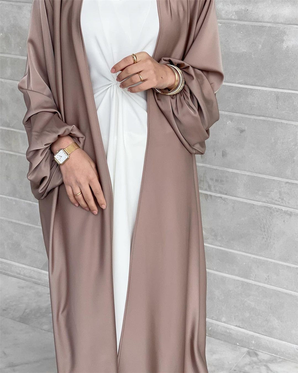 HAYA0481 Solid Color Satin Coat Robe Open Abaya