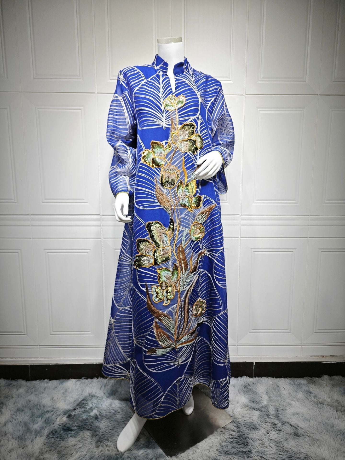HA6657 Women's Long Robe Dress with Mesh Embroidery