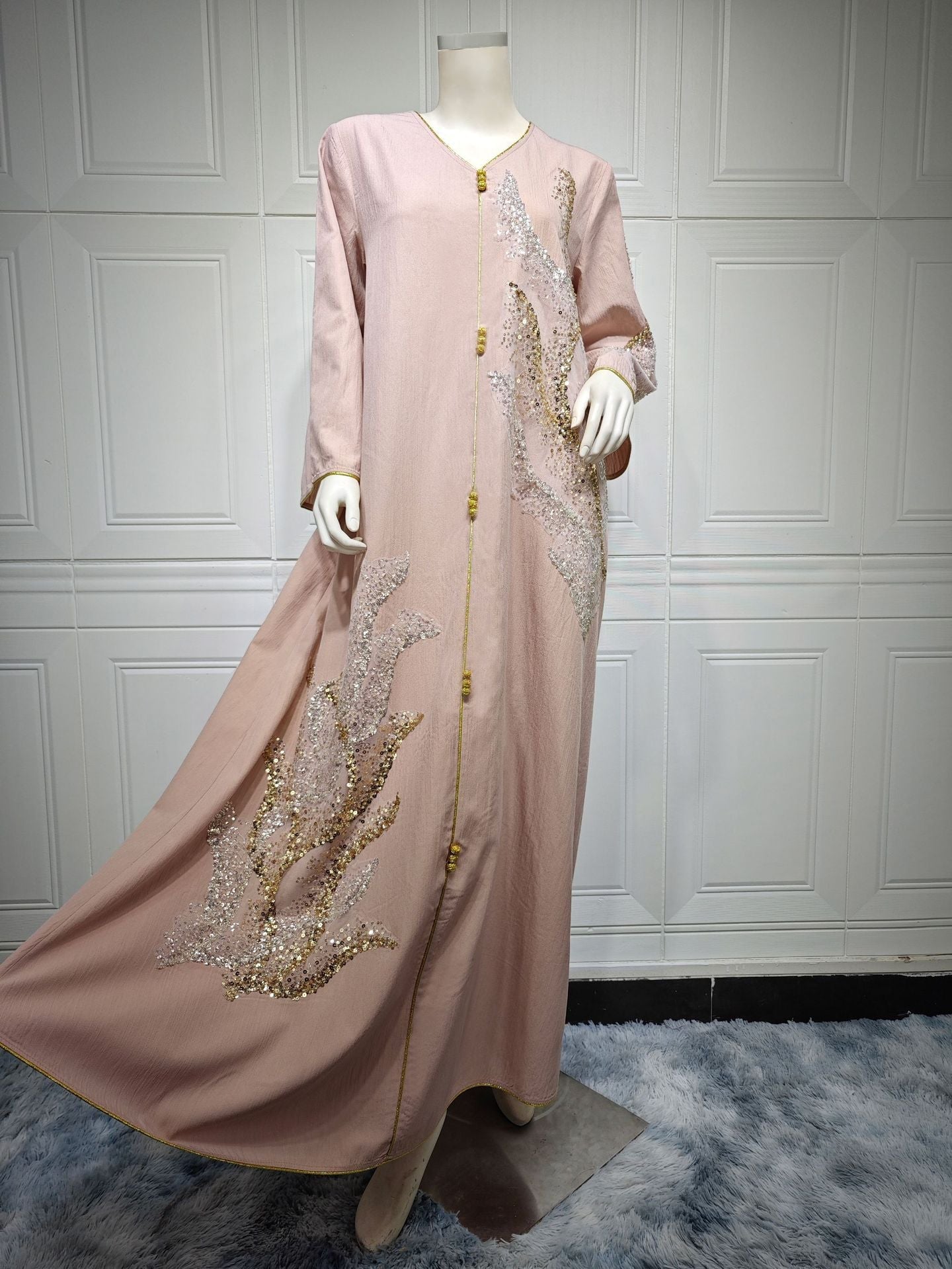 HA6659  Long-sleeved Sequined Embroidered Patchwork Dress with A Light Silhouette and Soft Color Scheme.