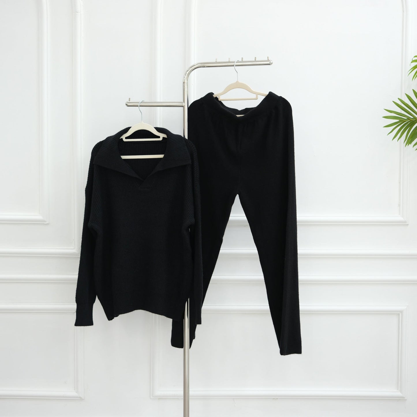 HA6594 Autumn and Winter Thickened Knitted Suit | Simple Solid Color Two-piece Suit