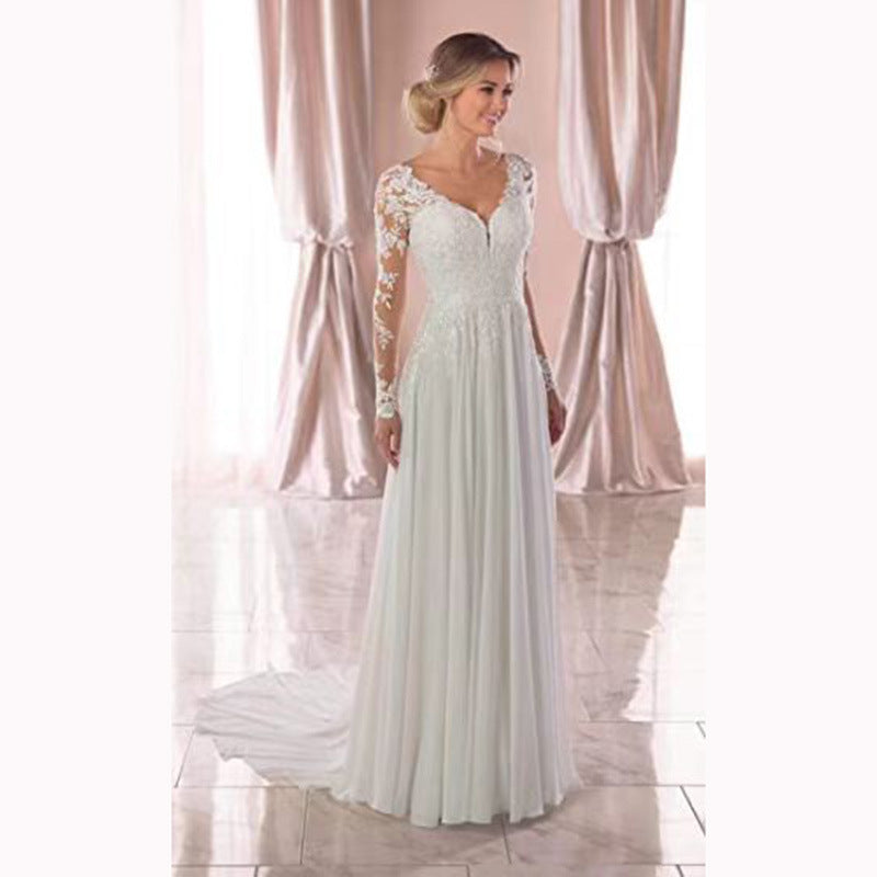 HA3494 trailing V-neck long-sleeved lawn travel backless lace light wedding dress
