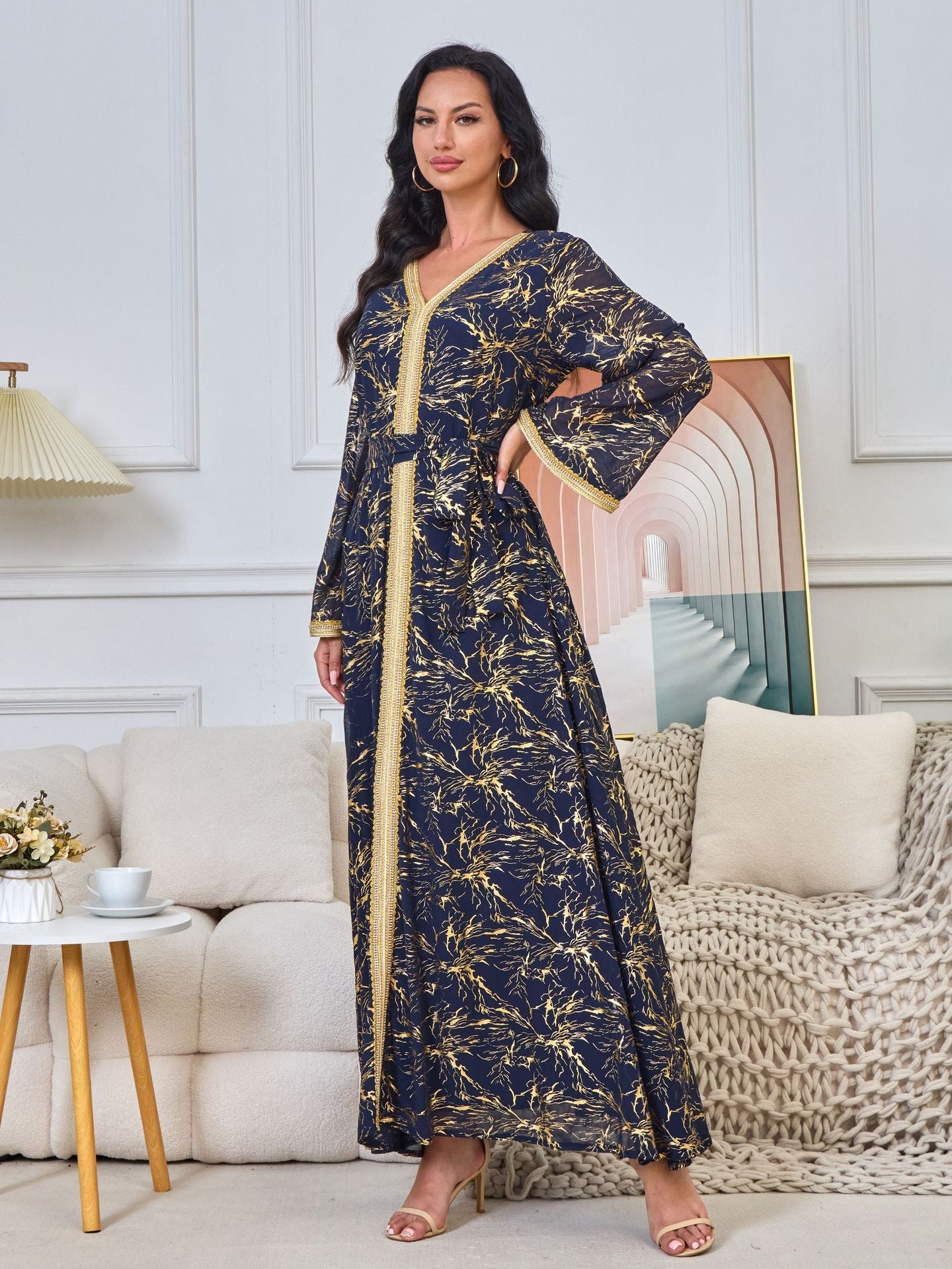 HS6731 V-neck gold-embroidered robe maxi dress