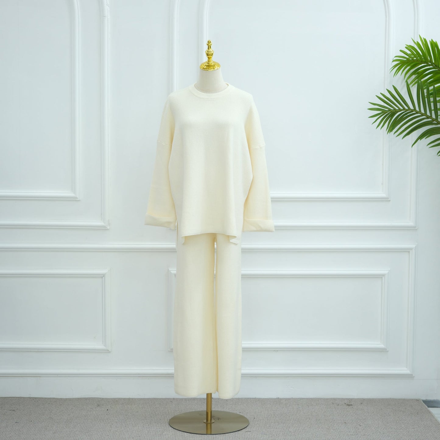 HA6599 Autumn and Winter Thickened Knitted Suit Solid Color Two-piece Suit (excluding Headscarf) Top + Trousers