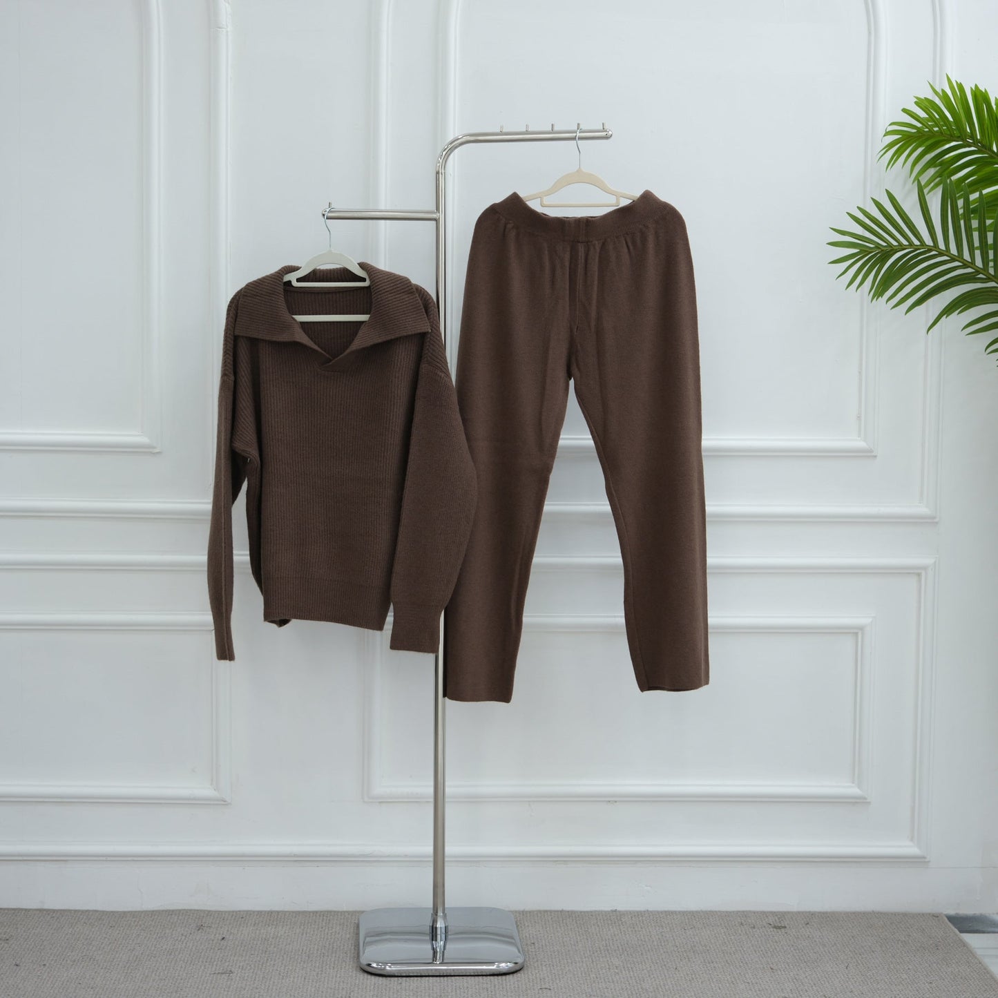 HA6594 Autumn and Winter Thickened Knitted Suit | Simple Solid Color Two-piece Suit