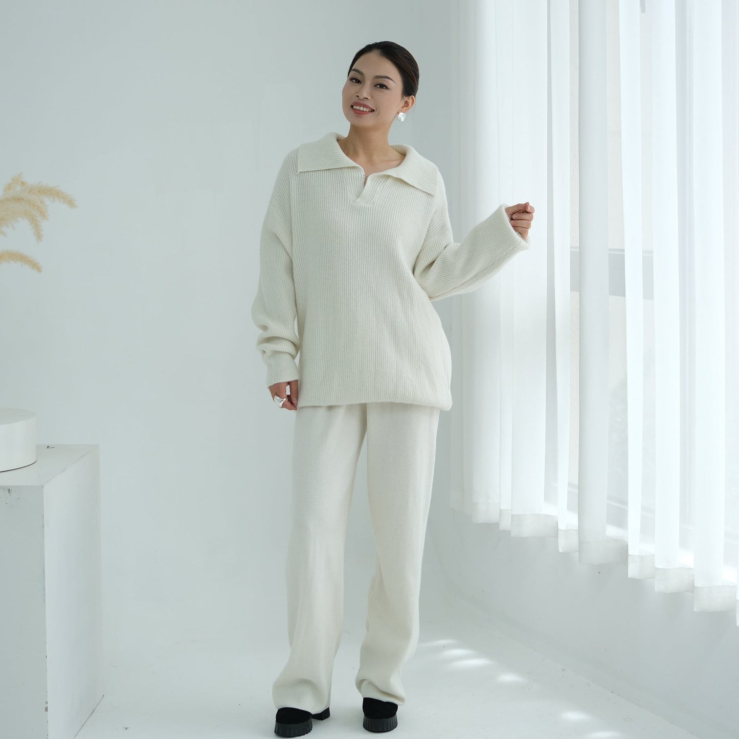 HA6594 Autumn and Winter Thickened Knitted Suit | Simple Solid Color Two-piece Suit
