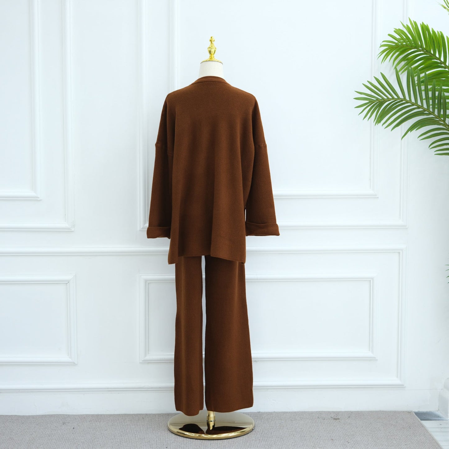 HA6599 Autumn and Winter Thickened Knitted Suit Solid Color Two-piece Suit (excluding Headscarf) Top + Trousers