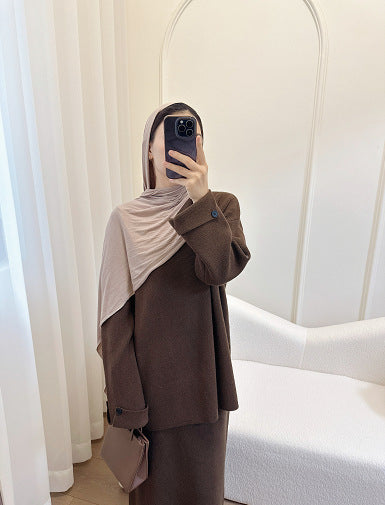 HA6597 Autumn and winter thickened knitted suit solid color two-piece suit (excluding headscarf) top + skirt
