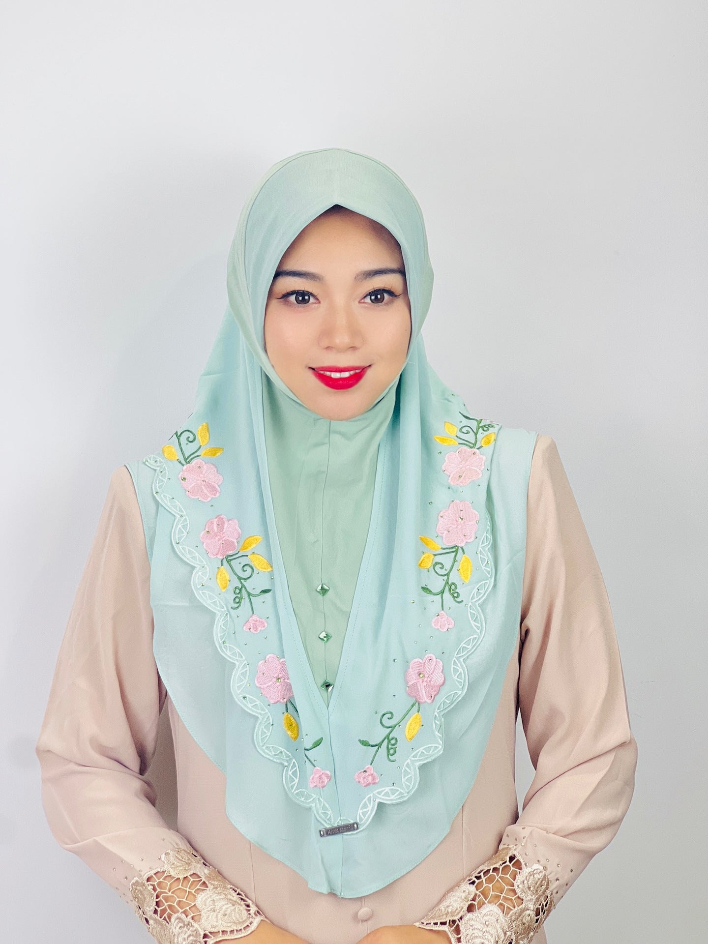 HAYA HA1105 Double Layered Floral Embroidered Lace Headscarf for Women