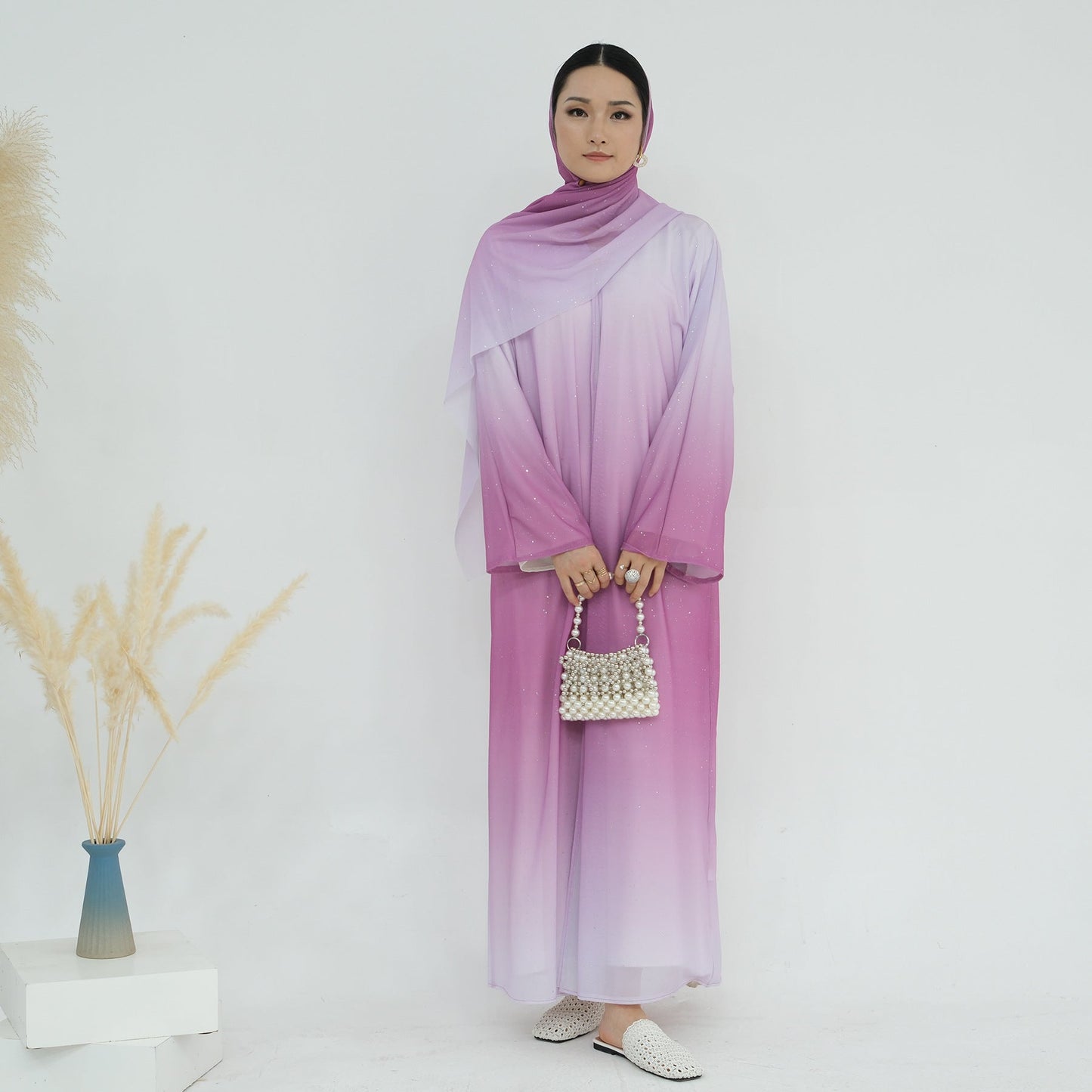 HA6617 Gradient Color Long Cardigan Two-Piece Set (Including Headscarf)