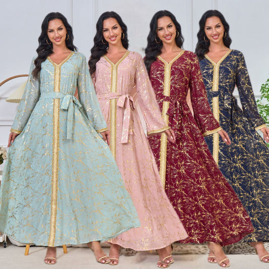 HS6731 V-neck gold-embroidered robe maxi dress