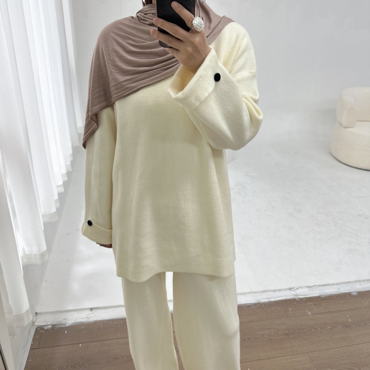 HA6600 Autumn and winter thickened knitted suit solid color two-piece suit (headscarf not included) cuff button design