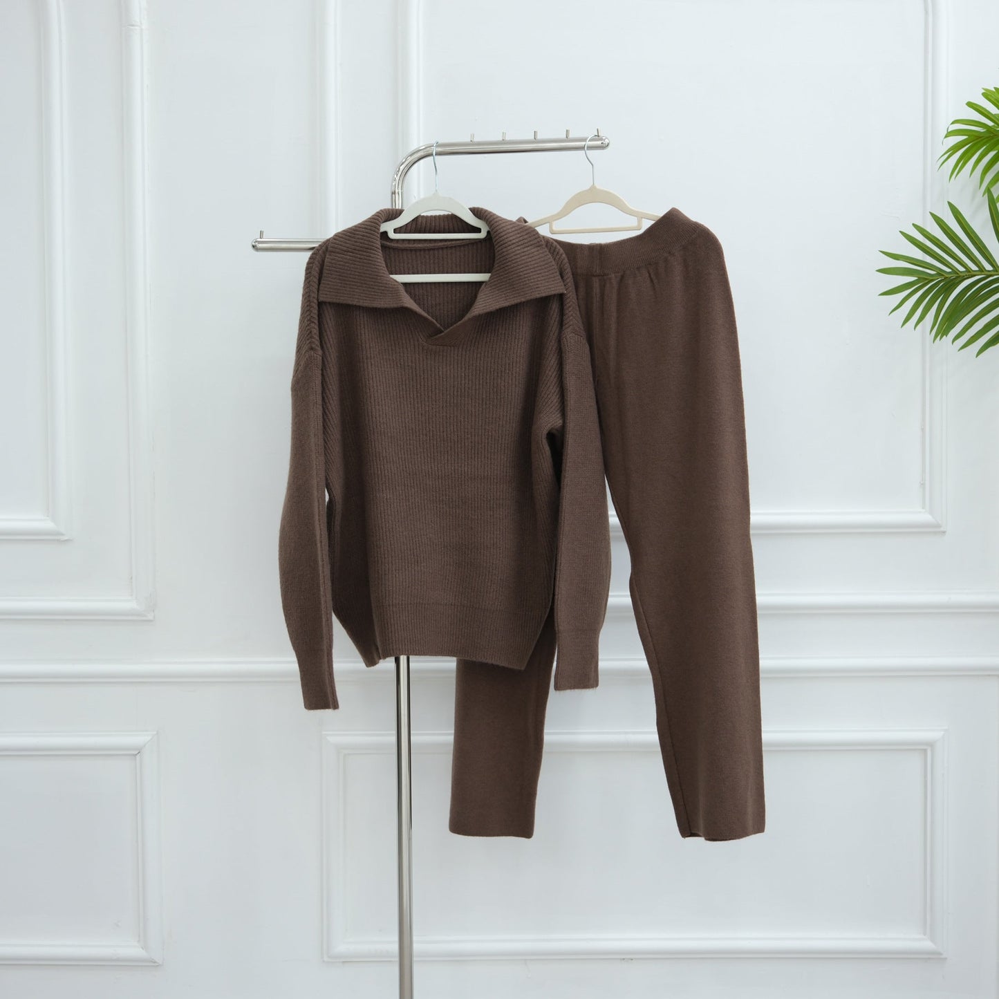 HA6594 Autumn and Winter Thickened Knitted Suit | Simple Solid Color Two-piece Suit