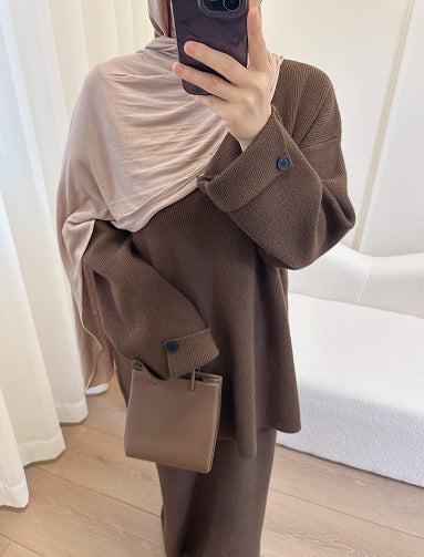 HA6597 Autumn and winter thickened knitted suit solid color two-piece suit (excluding headscarf) top + skirt