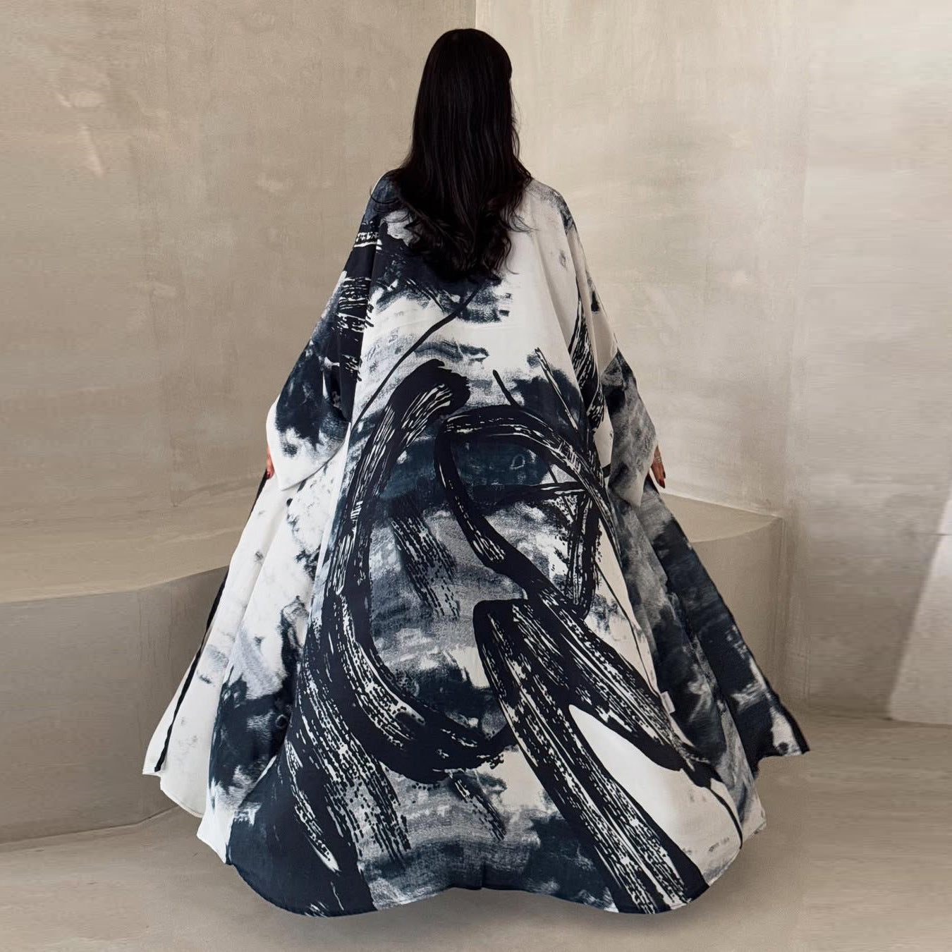 HA6638 Chiffon Printed Cardigan Two-piece Long Coat with Headscarf