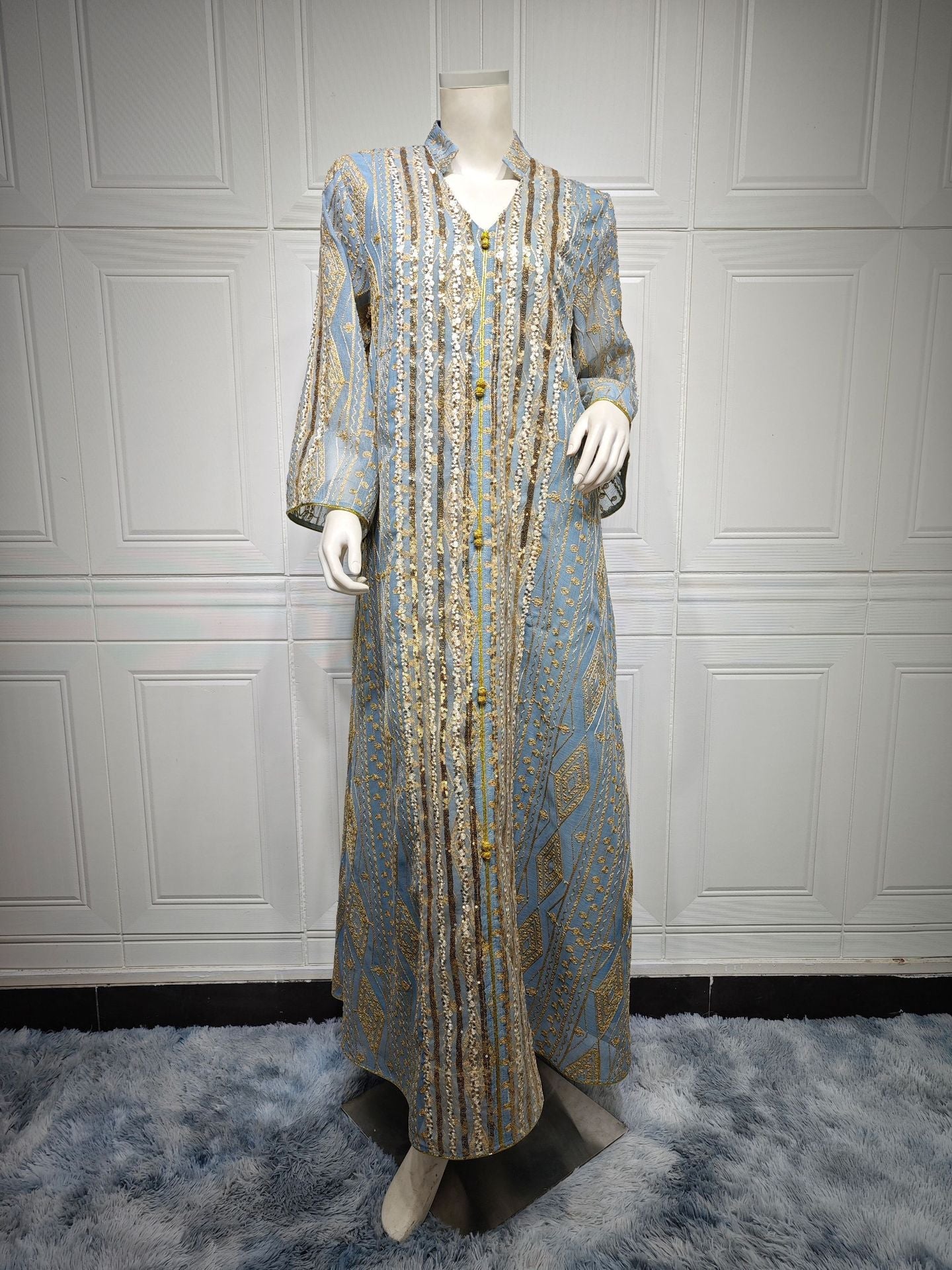 HA6662 Mesh embroidery sequin patchwork long-sleeved dress, loose robe style