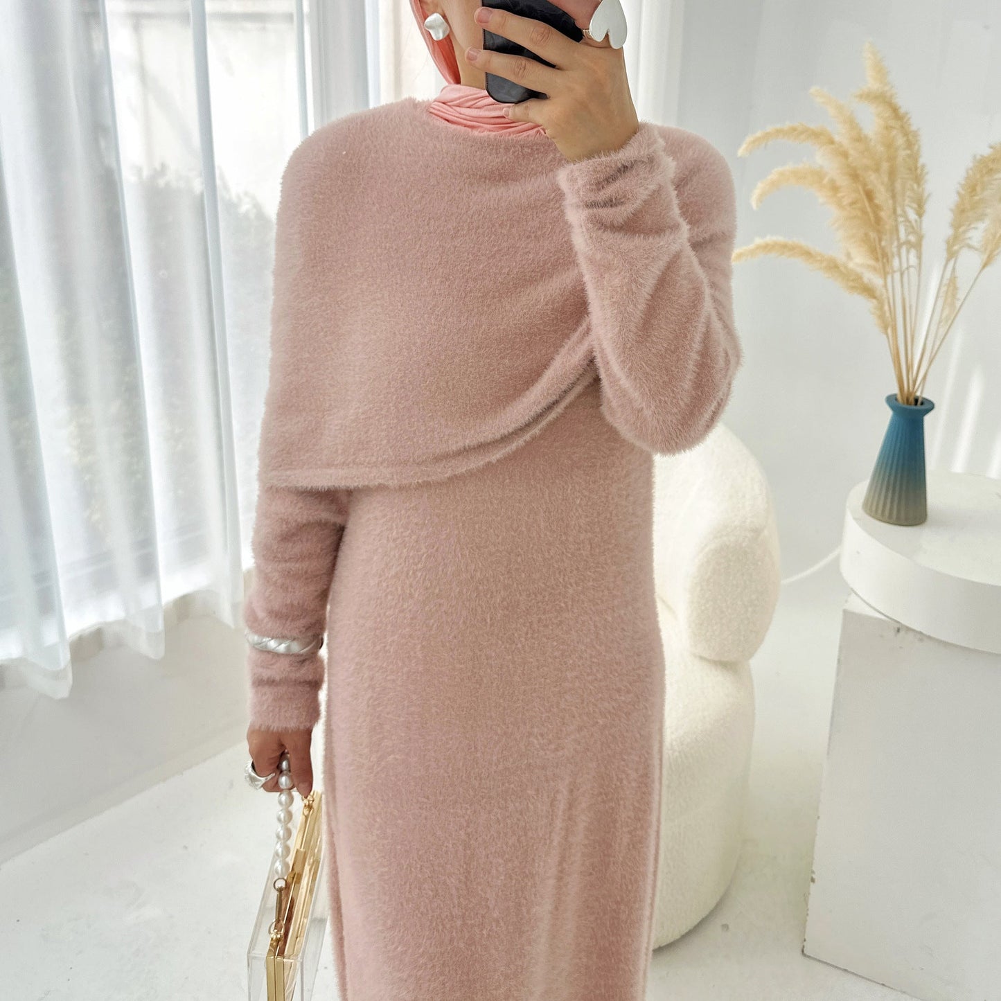 HA6604  Slim-fit Knit Sweater Two-piece Set with Shawl Design (headscarf Optional)