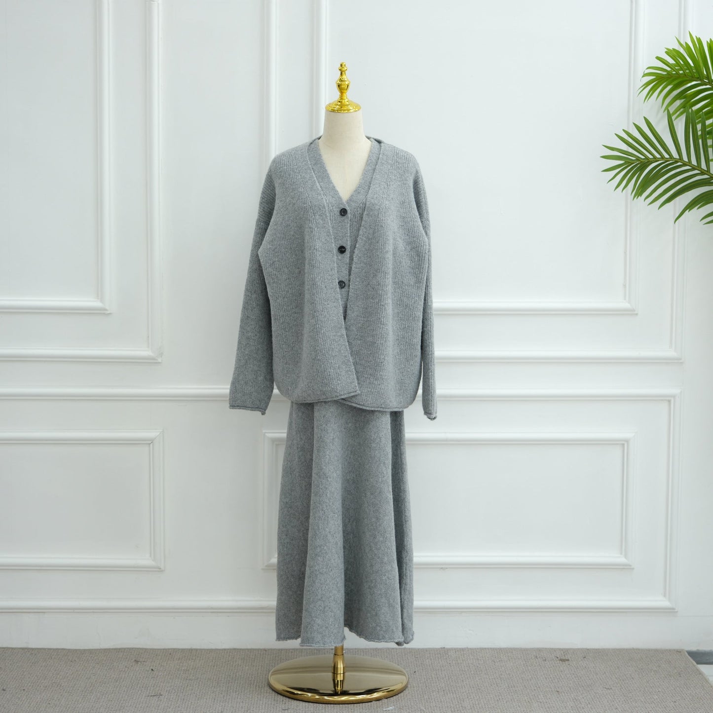 HA6596 Autumn and winter thickened knitted three-piece suit (excluding headscarf) vest + cardigan + skirt