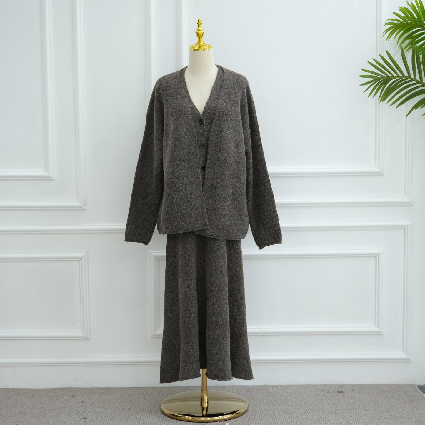 HA6596 Autumn and winter thickened knitted three-piece suit (excluding headscarf) vest + cardigan + skirt