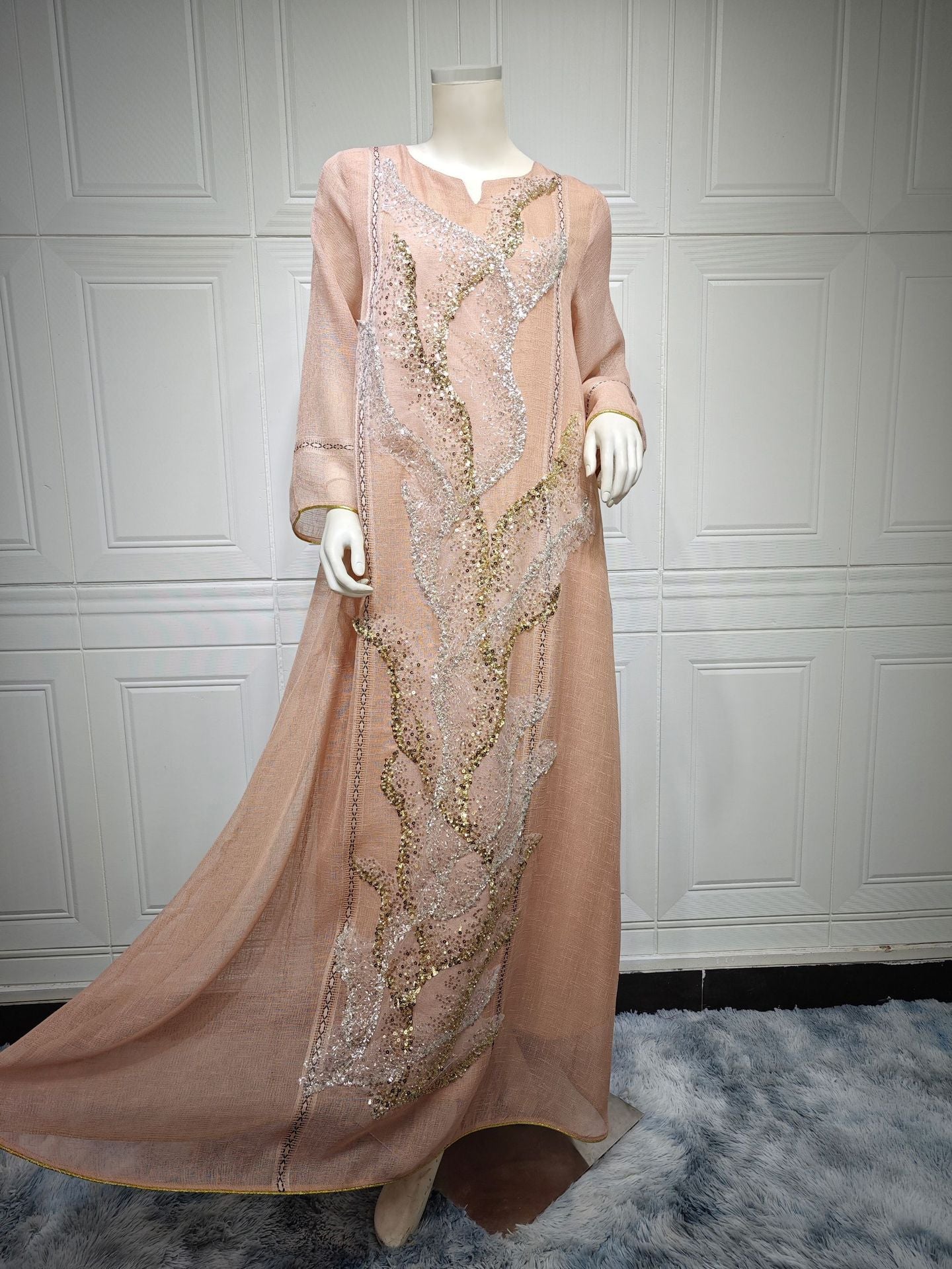 HA6637  Mesh Sequined Embroidered Long Dress