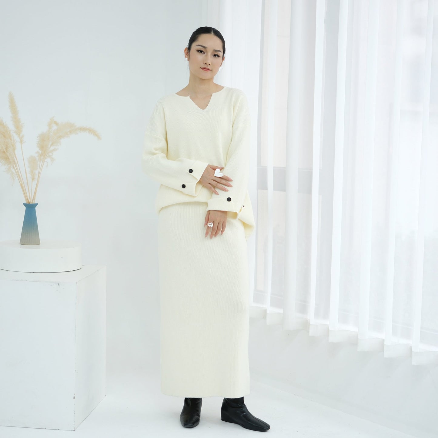 HA6601 Autumn and Winter Thickened Knitted Suit Solid Color Two-piece Skirt Suit (optional Headscarf)