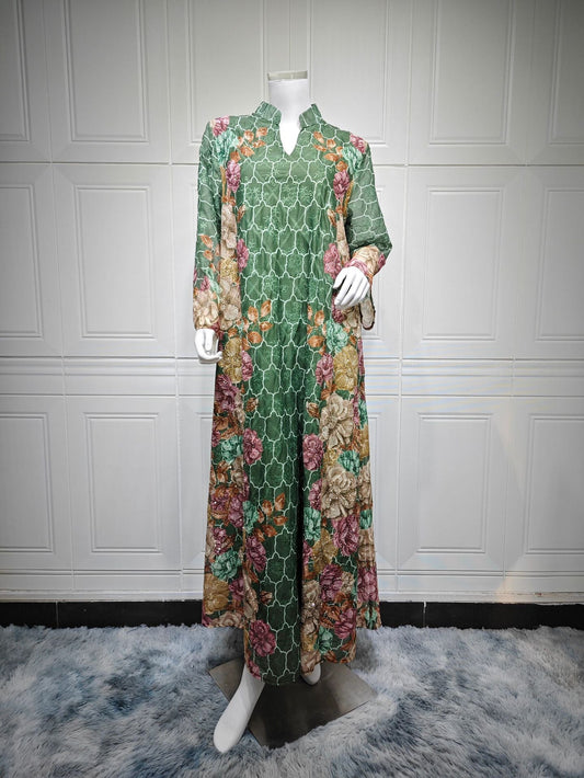 HA6667 Printed Long-sleeved Dress with A Small V-neck Design