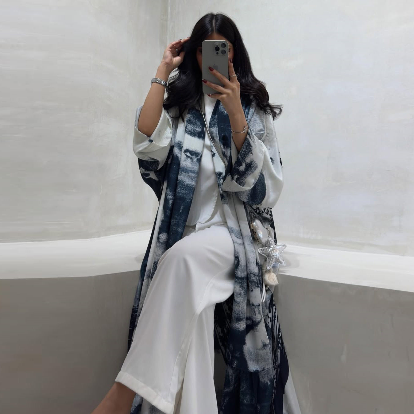 HA6638 Chiffon Printed Cardigan Two-piece Long Coat with Headscarf