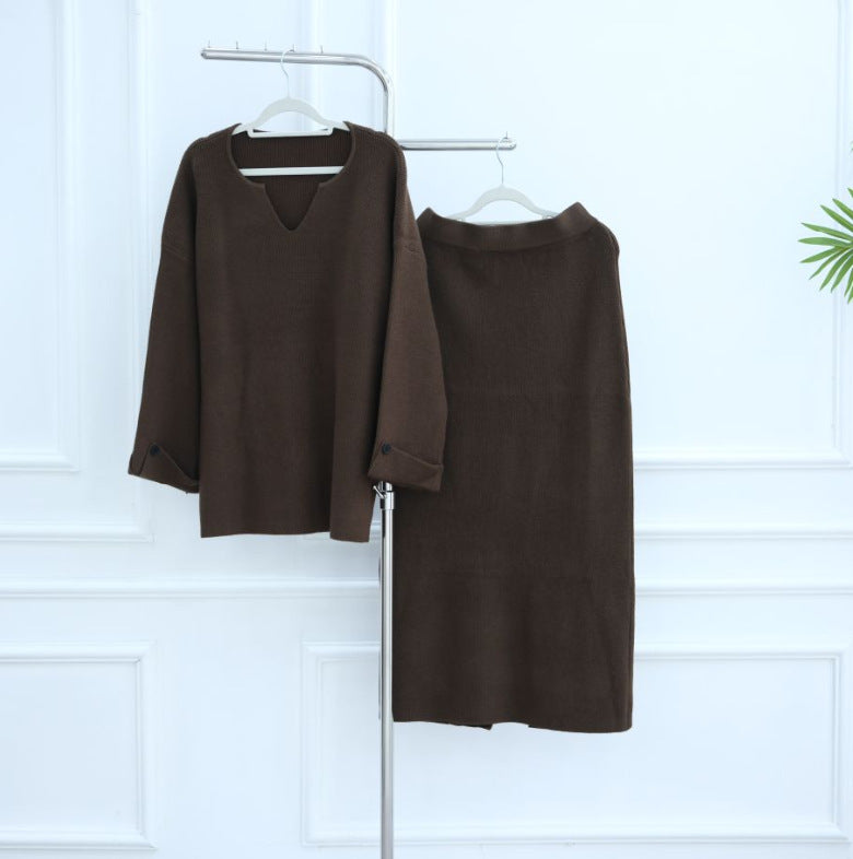 HA6597 Autumn and winter thickened knitted suit solid color two-piece suit (excluding headscarf) top + skirt