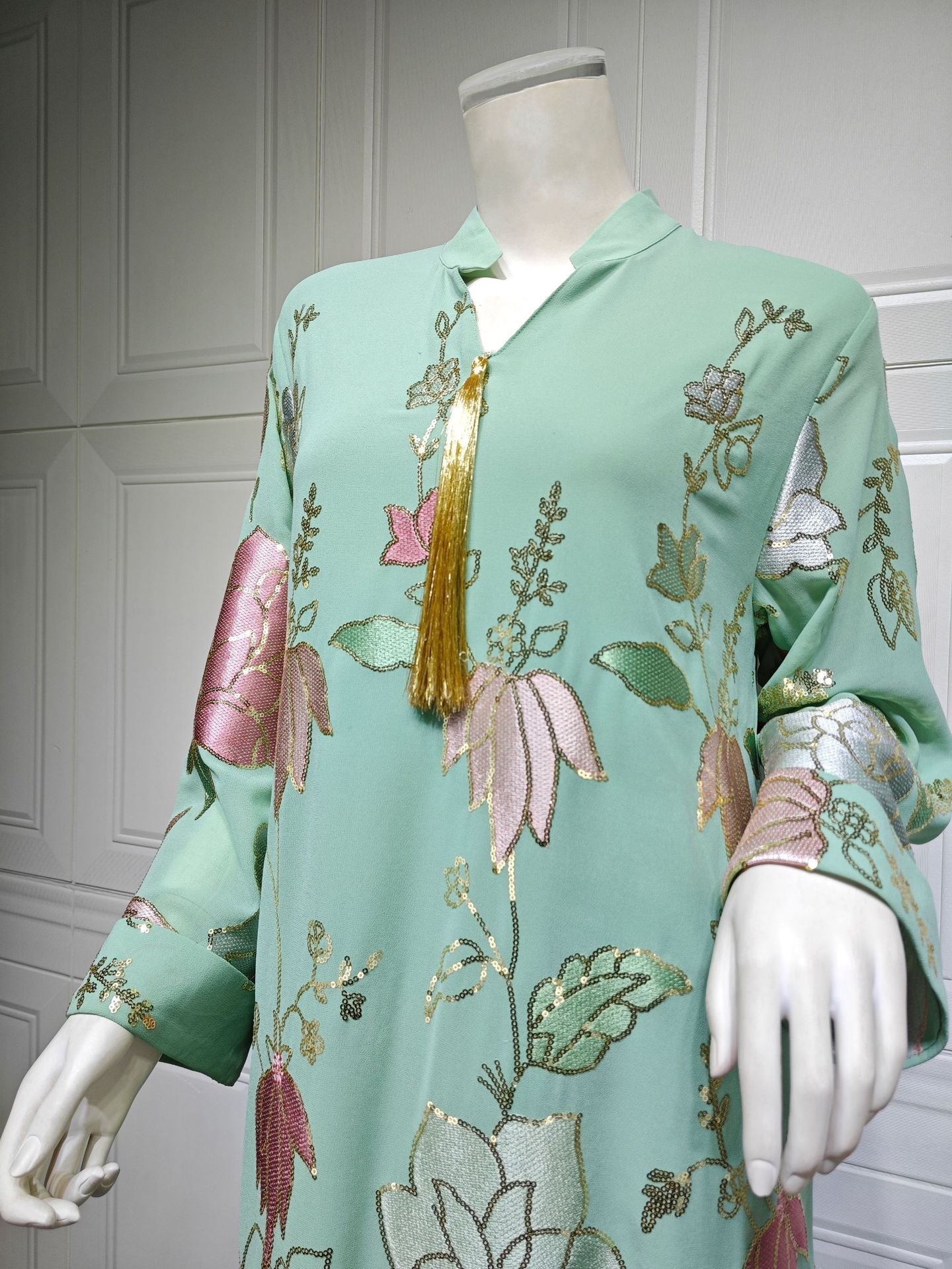 HA6649 Sequined Embroidered Tassel Long Robe, Elegant and Sophisticated Dress