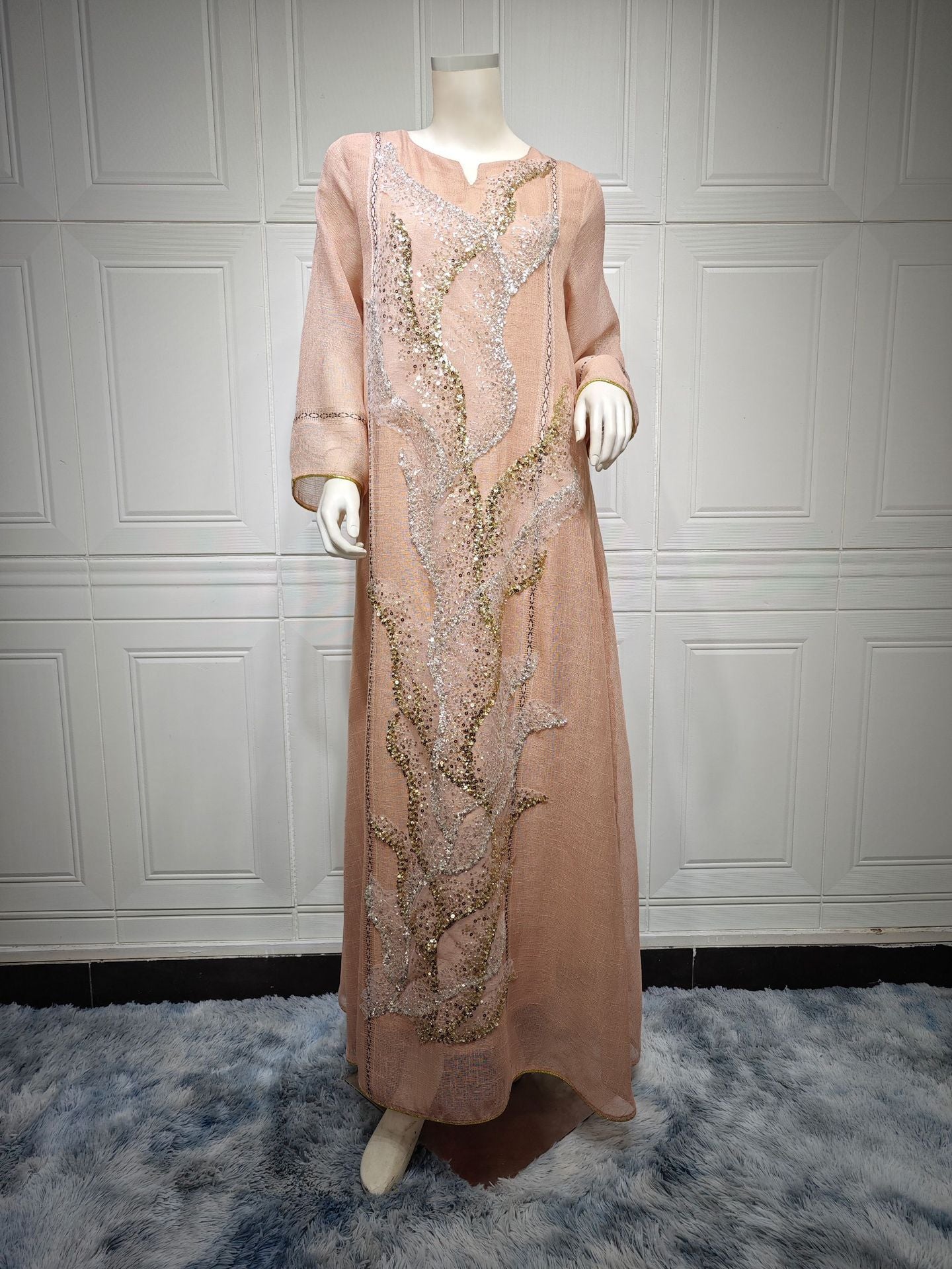 HA6637  Mesh Sequined Embroidered Long Dress