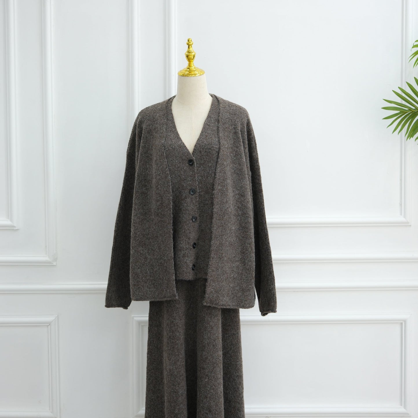 HA6596 Autumn and winter thickened knitted three-piece suit (excluding headscarf) vest + cardigan + skirt