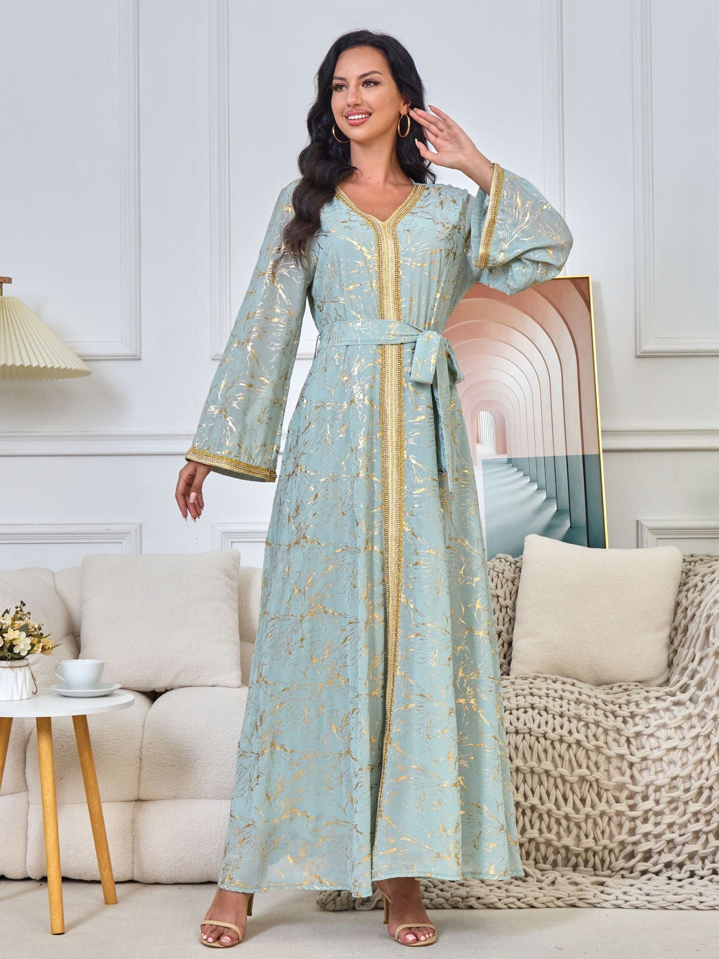 HS6731 V-neck gold-embroidered robe maxi dress