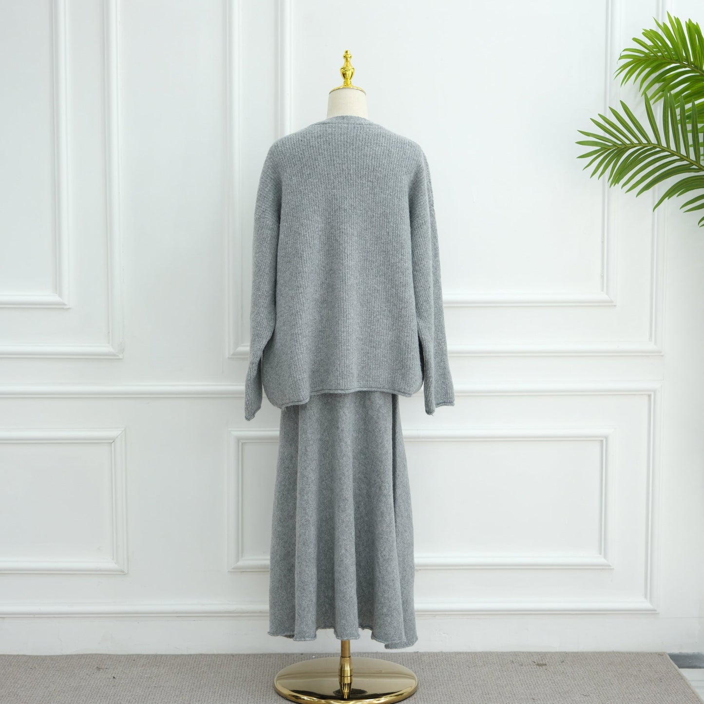 HA6596 Autumn and winter thickened knitted three-piece suit (excluding headscarf) vest + cardigan + skirt