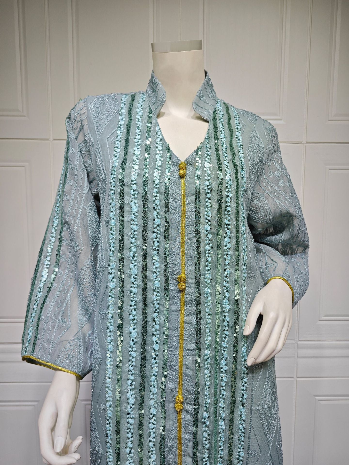 HA6662 Mesh embroidery sequin patchwork long-sleeved dress, loose robe style