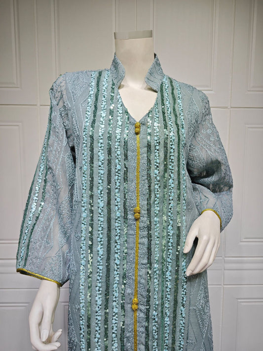 HA6662 Mesh embroidery sequin patchwork long-sleeved dress, loose robe style
