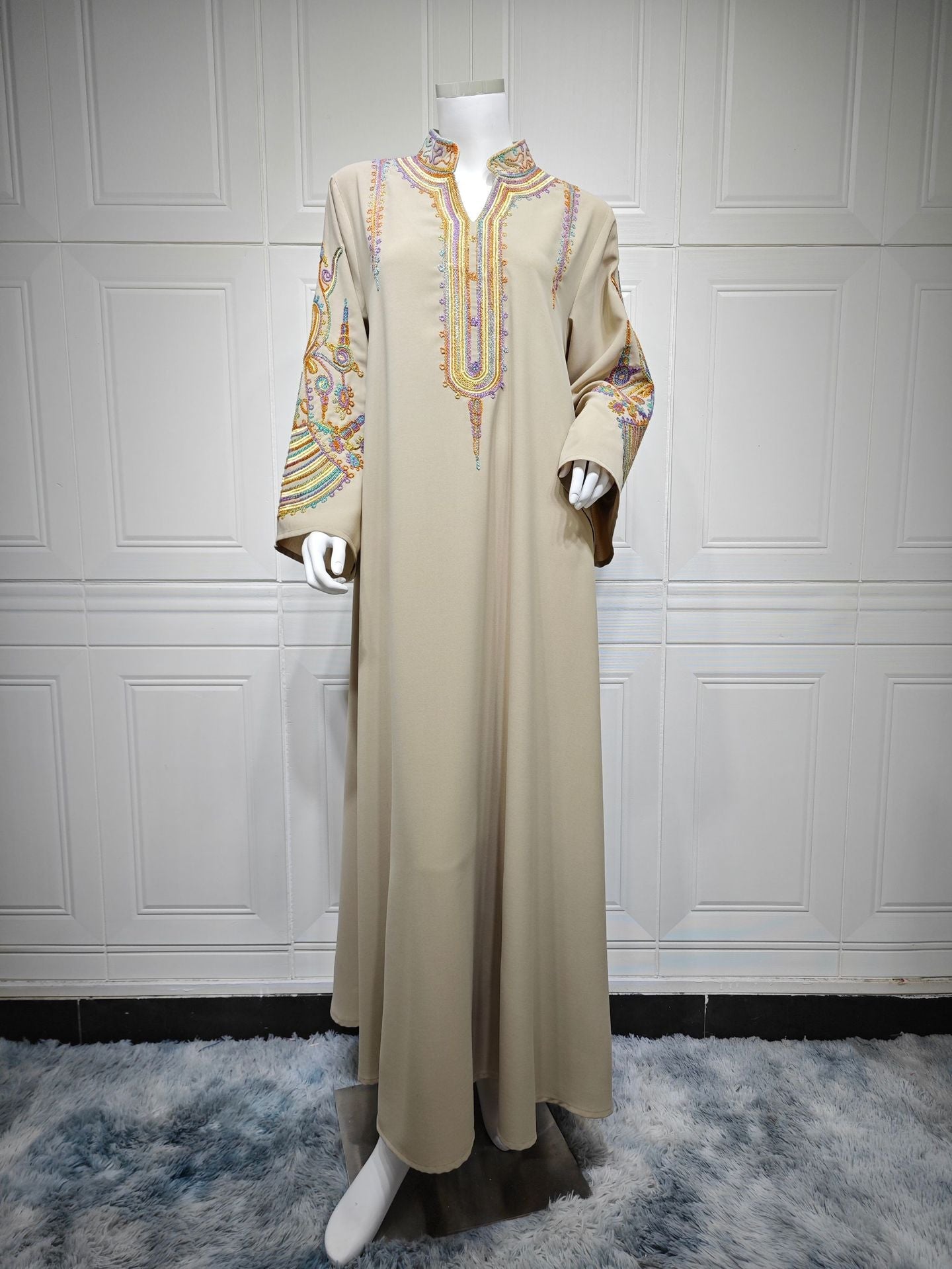 HA6661 Rope Embroidery Pullover Robe Dress, Long Sleeves, Loose Fit.