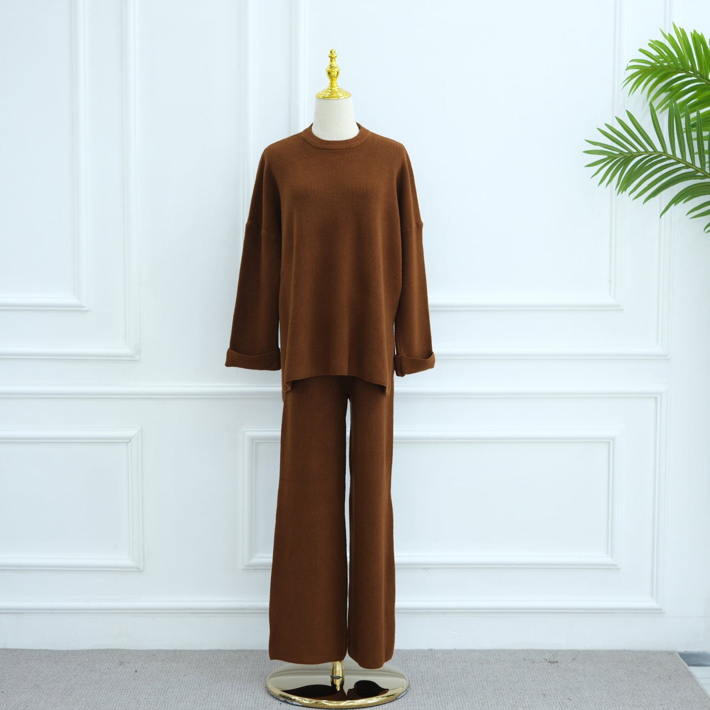 HA6599 Autumn and Winter Thickened Knitted Suit Solid Color Two-piece Suit (excluding Headscarf) Top + Trousers