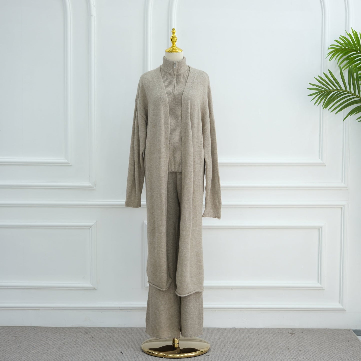 HA6603 Thickened knitted three-piece long coat set (with optional headscarf)